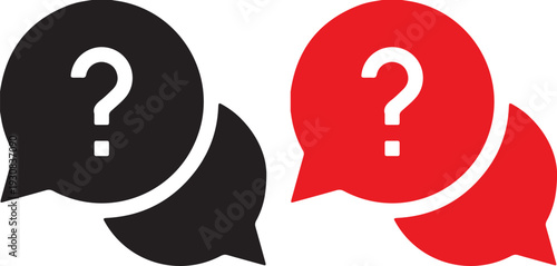 Black and red speech bubbles with question marks inside them