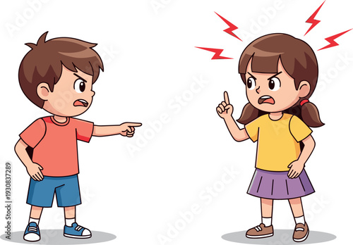 Two angry children arguing and pointing fingers at each other in cartoon style