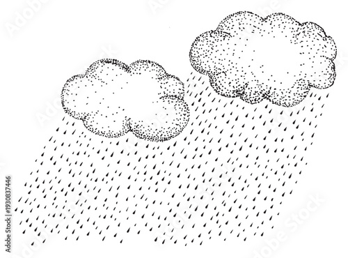 Rainclouds hand drawn illustration, isolated on transparent background. Fine line drawing.