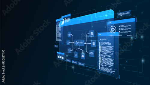 AI workflow automation artificial intelligence. ai agent network diagram dashboard machine learning architecture data pipelines, coding panels, document analytics and automation system.