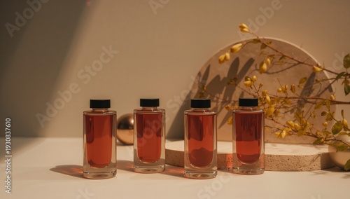 Clear Glass Bottles With Liquid Placed on a White Surface and Surrounded by N...