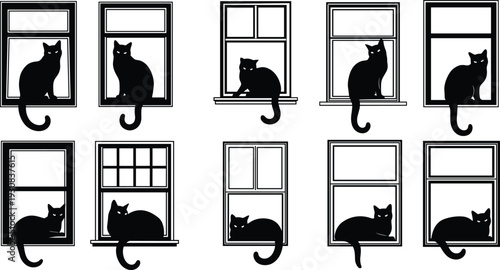Black and white silhouette collection of mysterious cats sitting and lying on various window frames with long tails hanging down.