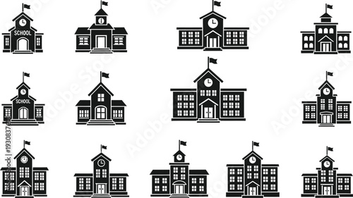 School Building Collection: A collection of various school buildings in a silhouette style, each representing a symbol of education and growth.