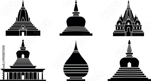 Set of six black vector silhouettes featuring traditional Asian Buddhist temples pagodas and stupas for cultural religious architectural design projects