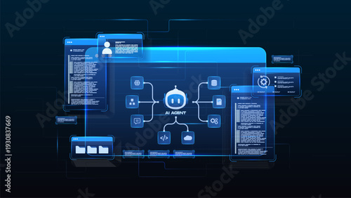 AI workflow automation artificial intelligence. ai agent network diagram dashboard machine learning architecture data pipelines, coding panels, document analytics and automation system.