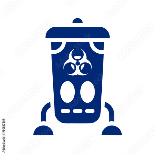 A blue robot with a biohazard symbol on its chest