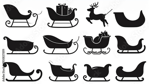 Black Christmas Sleigh Silhouette Set – Twelve Santa Claus Sled Icons Vector Collection