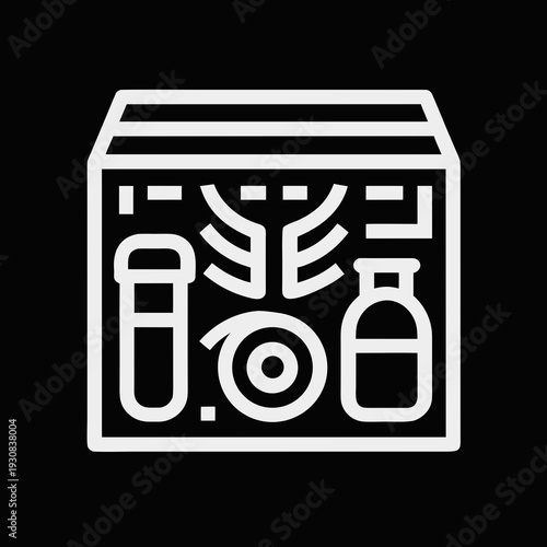 A black and white icon of a box with supplies