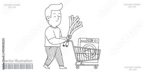 Man grocery shopping pushing cart holding fresh leeks vector illustration