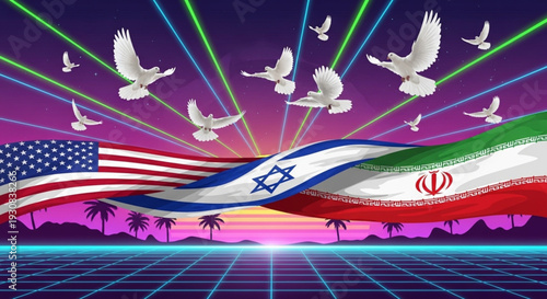 A union between the flags of the United States, Israel, and Iran, white doves symbolizing peace flying overhead, laser beams in acid green and electric blue drawing patterns in the air – vector.