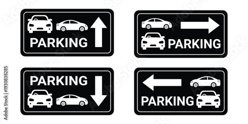 Parking Signs With Cars And Directional Arrows Black isolated on transparent background