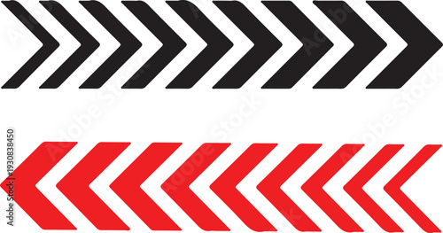 Chevron arrow signs pointing left in black and red on checkered background