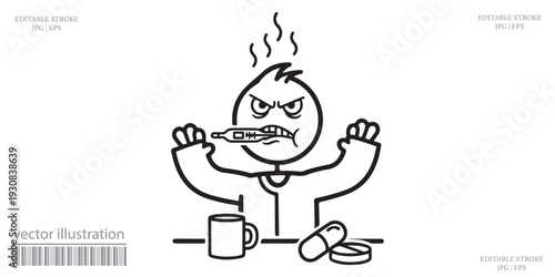 Angry cartoon character frustrated with coffee and pills vector illustration