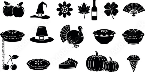 Thanksgiving autumn holiday black silhouette vector icon set featuring turkey pumpkins pies pilgrim hat apples and seasonal harvest food elements.