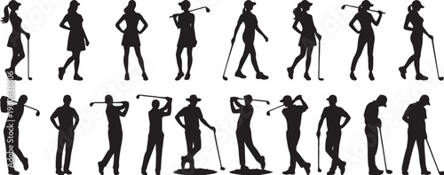 Collection of diverse silhouettes of women playing golf in various poses and actions