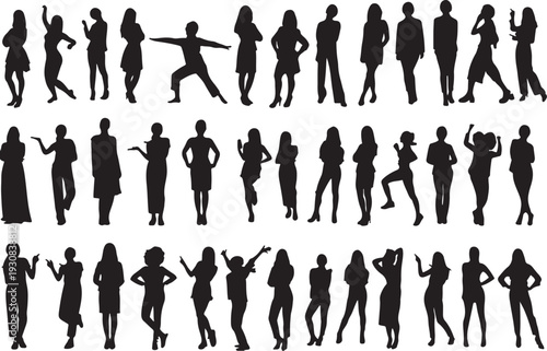 Collection of female human silhouettes in various poses and outfits