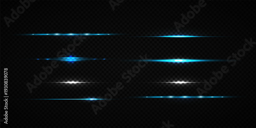 Colorful Star Light Effect Collection with Blue, Golden, and Yellow Glowing Starlight Sparkle Rays and Lens Flare Illumination on Transparent Background