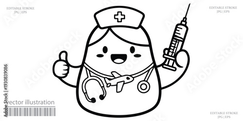 Happy nurse with syringe and stethoscope cartoon thumbs up vector