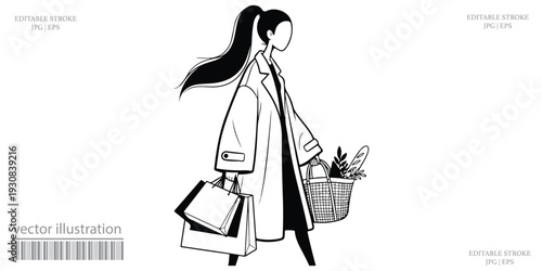 Woman grocery shopping walking with basket and bag vector illustration