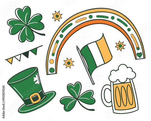 St Patricks Day Flat Vector Illustration Set with Shamrock Leprechaun and Irish Holiday Symbols