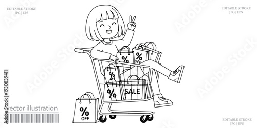 Mother shopping with baby in cart waving happy vector illustration