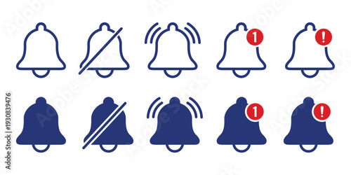 Set of blue notification bell icons collection isolated on transparent background