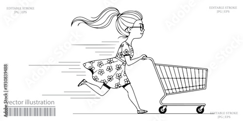Woman running with shopping cart speed motion vector illustration