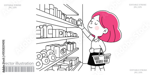 Woman shopping supermarket reaching for product on shelf vector illustration