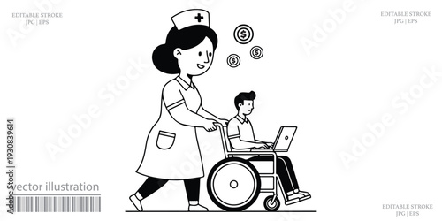 Nurse pushing wheelchair patient using laptop vector illustration