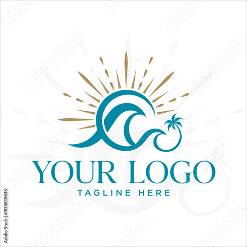 Ocean Wave Sunrise Logo Tropical Beach Palm Tree Summer Travel Design