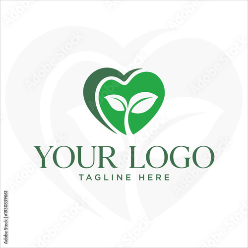 Green Heart Plant Logo Nature Eco Leaf Symbol Modern Minimal Design