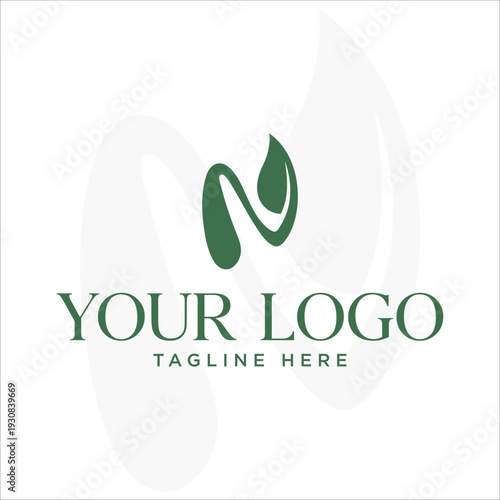 Green Letter N Leaf Logo Eco Organic Nature Monogram Minimal Design