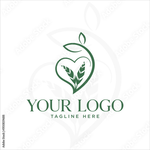 Green Wheat Heart Logo Organic Agriculture Eco Plant Minimal Design