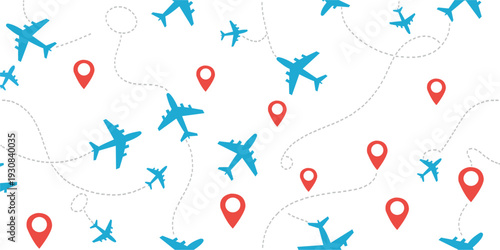 Seamless airplane travel pattern vector with flight route dotted lines and location pin map background.