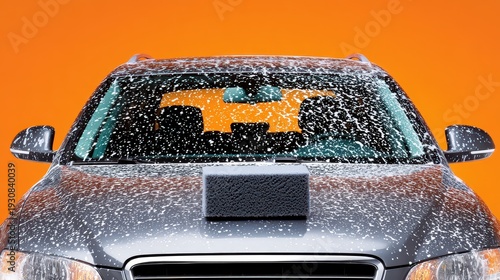 Close up front view of a silver car being washed with foam and sponge against an orange background
