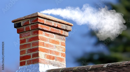 Red brick chimney on a rooftop emitting steam into a clear blue sky