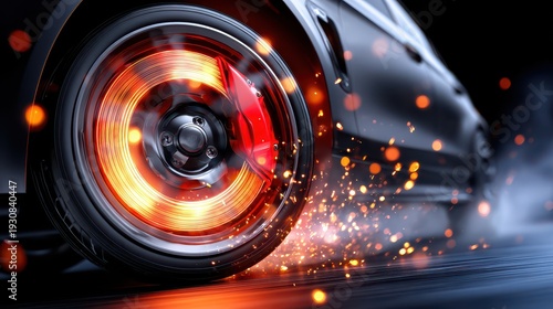 High-velocity car wheel spinning with glowing brake disc and sparks