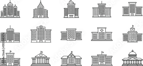Architectural Array: An assortment of architectural structures, each with its unique design and facade. Displaying a collection of different building types suitable for diverse urban projects.