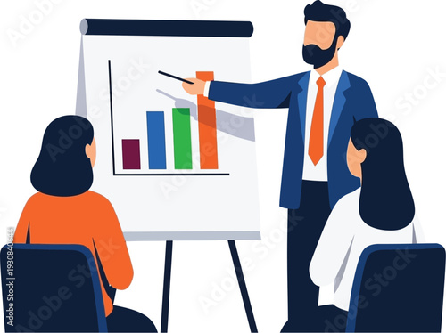 Male presenter explains bar chart data to two attentive female colleagues.