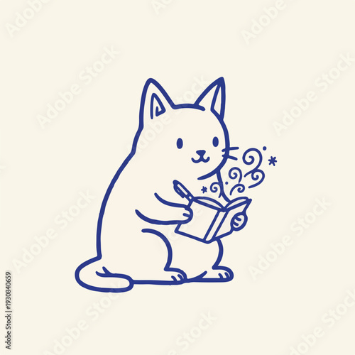 Blue line art cat journaling with pen and notebook for mental health awareness and self-care during Mental Health Month