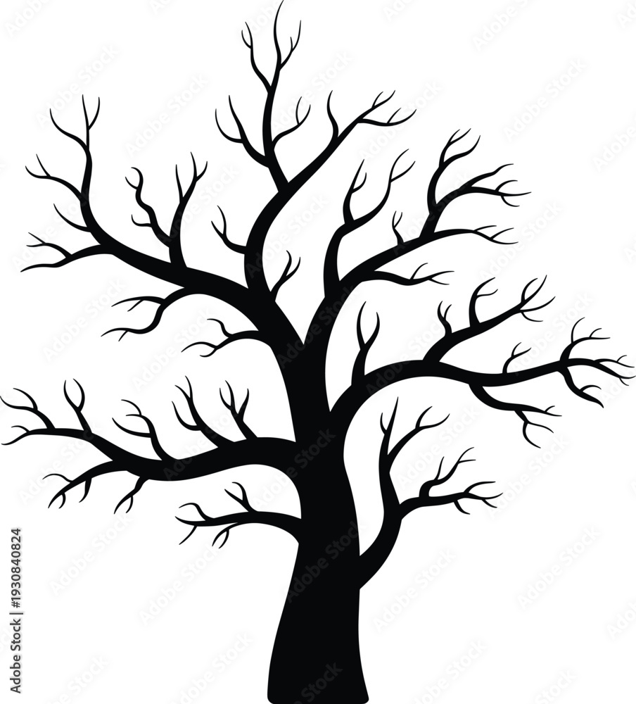 Obraz premium Black silhouette of a bare tree with winding branches without leaves isolated on white background for nature and winter design