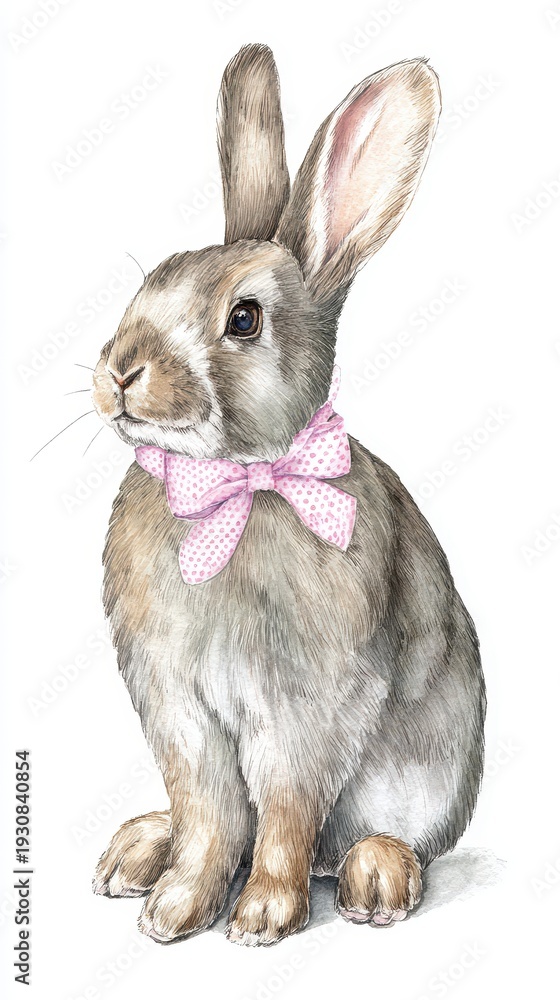 Fototapeta premium Adorable watercolor rabbit wearing a pink polka dot bow for spring decor