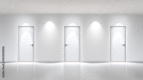 Wallpaper Mural White minimalist hallway with three doors and bright ceiling lights Torontodigital.ca