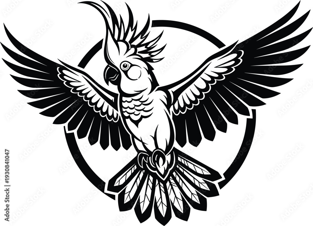 Obraz premium Majestic Flying Cockatoo Vector Illustration Featuring Spread Wings and Circular Frame for Creative Wildlife Logo Design and Exotic Bird Art Projects