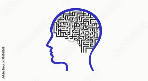 Overthinking concept with maze and tangled lines inside human head silhouette