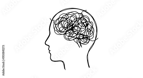 Overthinking concept with maze and tangled lines inside human head silhouette