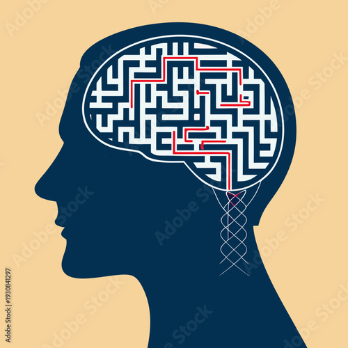 Overthinking concept with maze and tangled lines inside human head silhouette