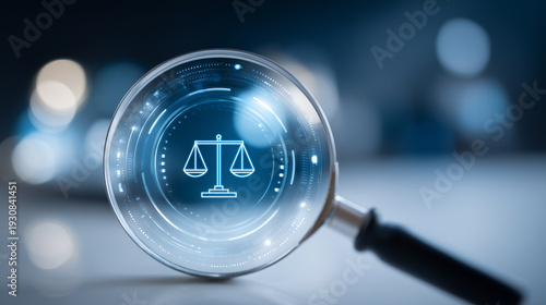 Magnifying glass showing scales of justice representing legal compliance, regulatory oversight, and digital investigation.
