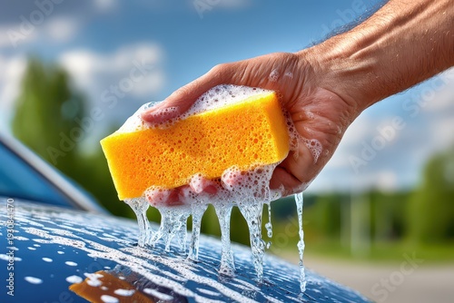 Wallpaper Mural Close-up of hand scrubbing a sunlit car surface with a yellow sponge and sudsy bubbles Torontodigital.ca