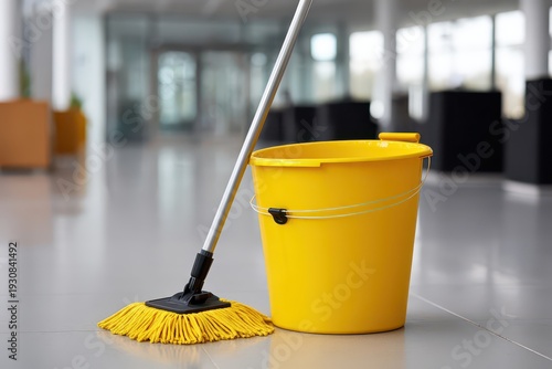 Wallpaper Mural Bright yellow cleaning bucket and mop resting on a polished office floor Torontodigital.ca